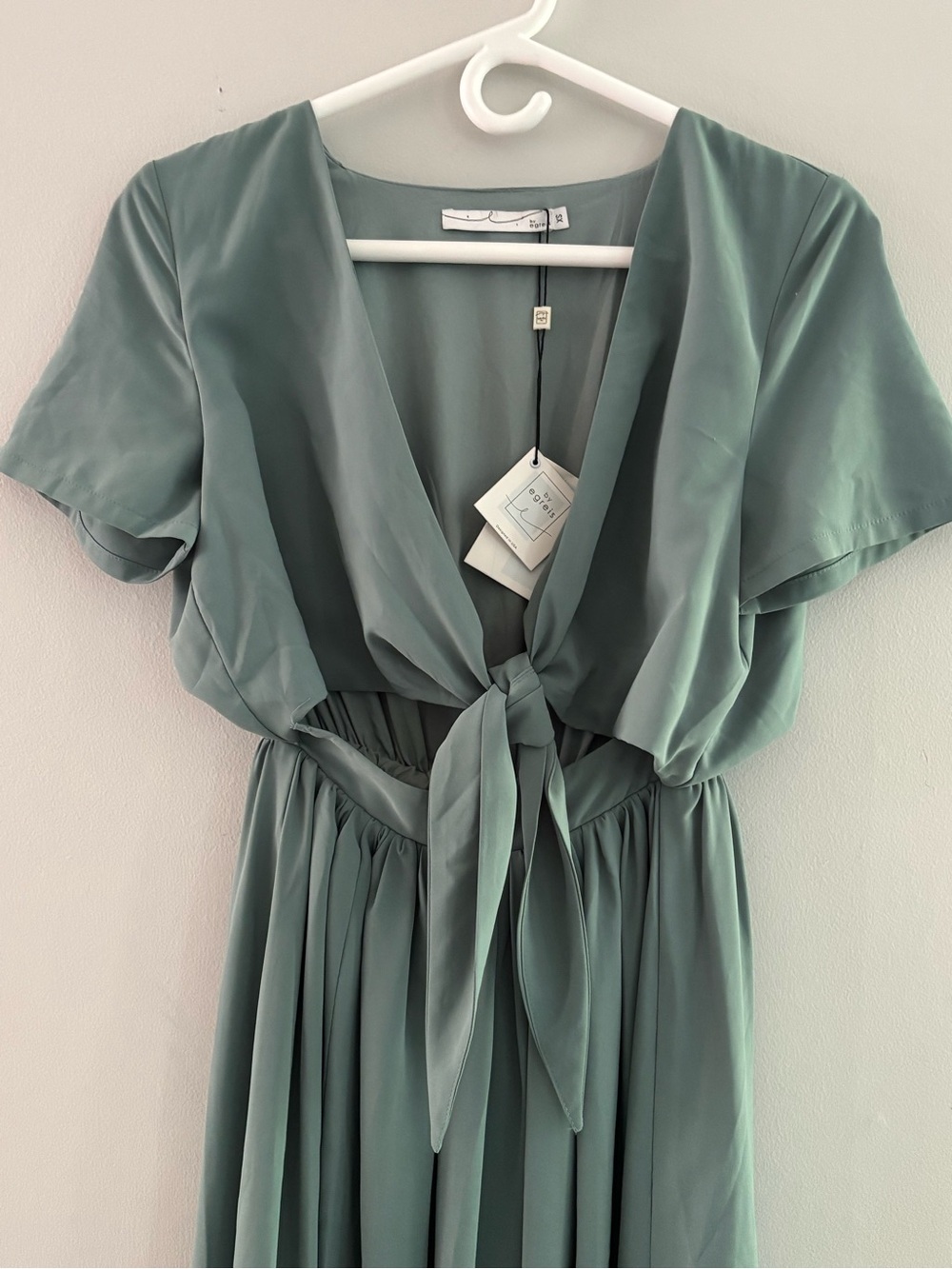 By Egreis Kimber Maxi Dress Sage Green Front Tie Cutout Satin Size XS NWT FLAW